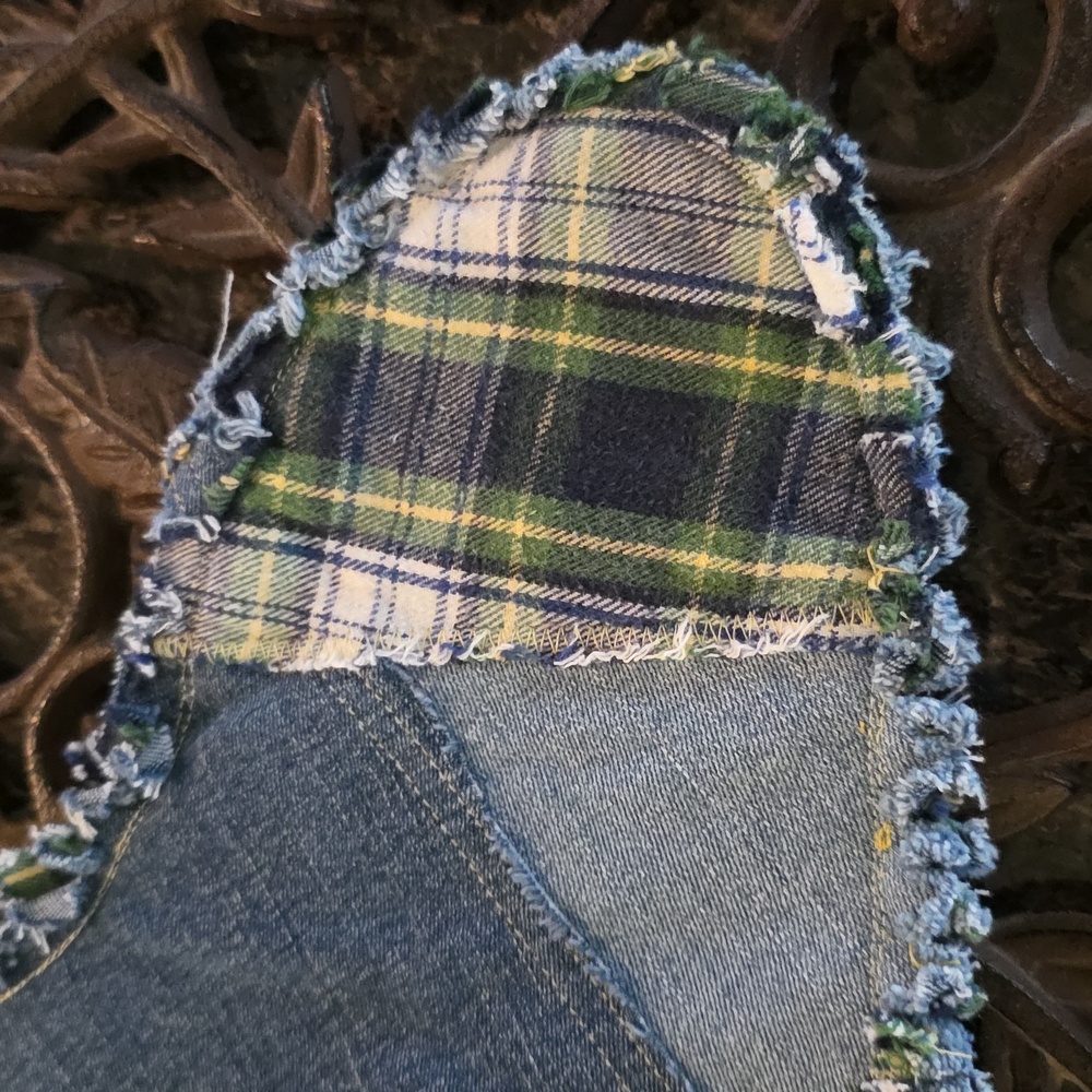 HAND CRAFTED Christmas Stocking UPCYCLED Flannel Fabric Denim Blue Jeans - Picture 6 of 12